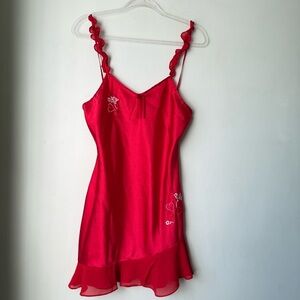 Vintage 00s Y2K Enchanting Red Satin Embroidered Ruffle Slip Dress S